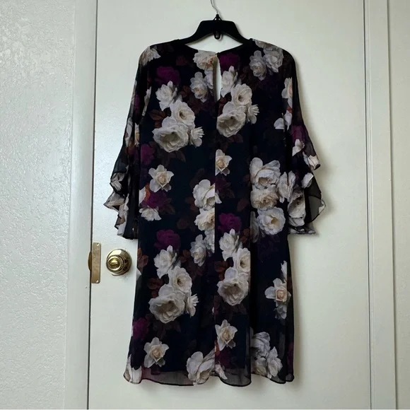 Calvin Klein V-Neck 3/4 Sleeve Crinkled Chiffon Floral Shift Dress Size 8 - Picture 5 of 7